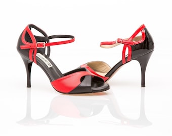 Tangoschoenen voor dames, peeptoe-stijl, in zwart en rood zacht leer en hak van 8,5 cm