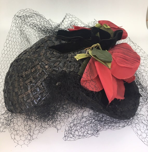 1940's Vintage Hat with Veil and Red Flowers - image 2