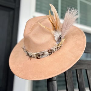 One of a Kind Custom Western Feather Band Hat with Feathers and Gold Brooch