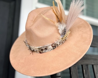 One of a Kind Custom Western Feather Band Hat with Feathers and Gold Brooch