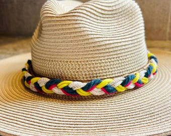 Hand Braided Rope Hat Band: Hot Pink, Neon, Gold Accent