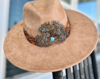 One of a Kind Neutral Brown Custom Western Feather Band Hat