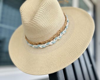Custom Light Blue, White and Gold Rope Hand Braided Hat Band for Beach/Pool/Summer Hats