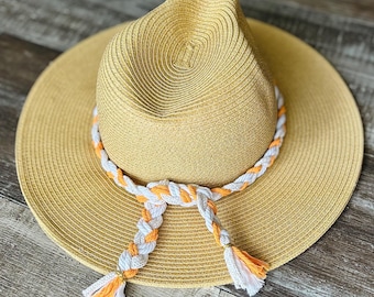 Hand Braided Orange, White & Gold Rope Hat Band: Beach/Pool Style