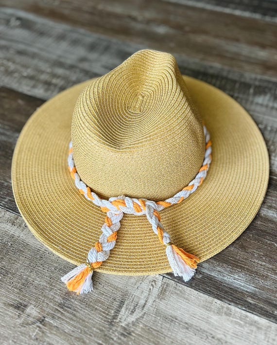 Tan and Orange Wide-Brimmed Sun Hat with Decorative Band Orange Tooled Foiled Wide brim Hat with Threading – DCREATIVECO main image 4