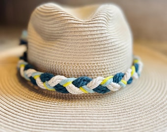 Hand Braided Rope Hat Band: Light Blue, Neon Yellow & Gold