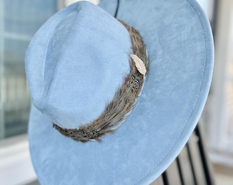 Powder Blue Western Rancher Hat with Feather Band & Gold Brooch - Wide Brim