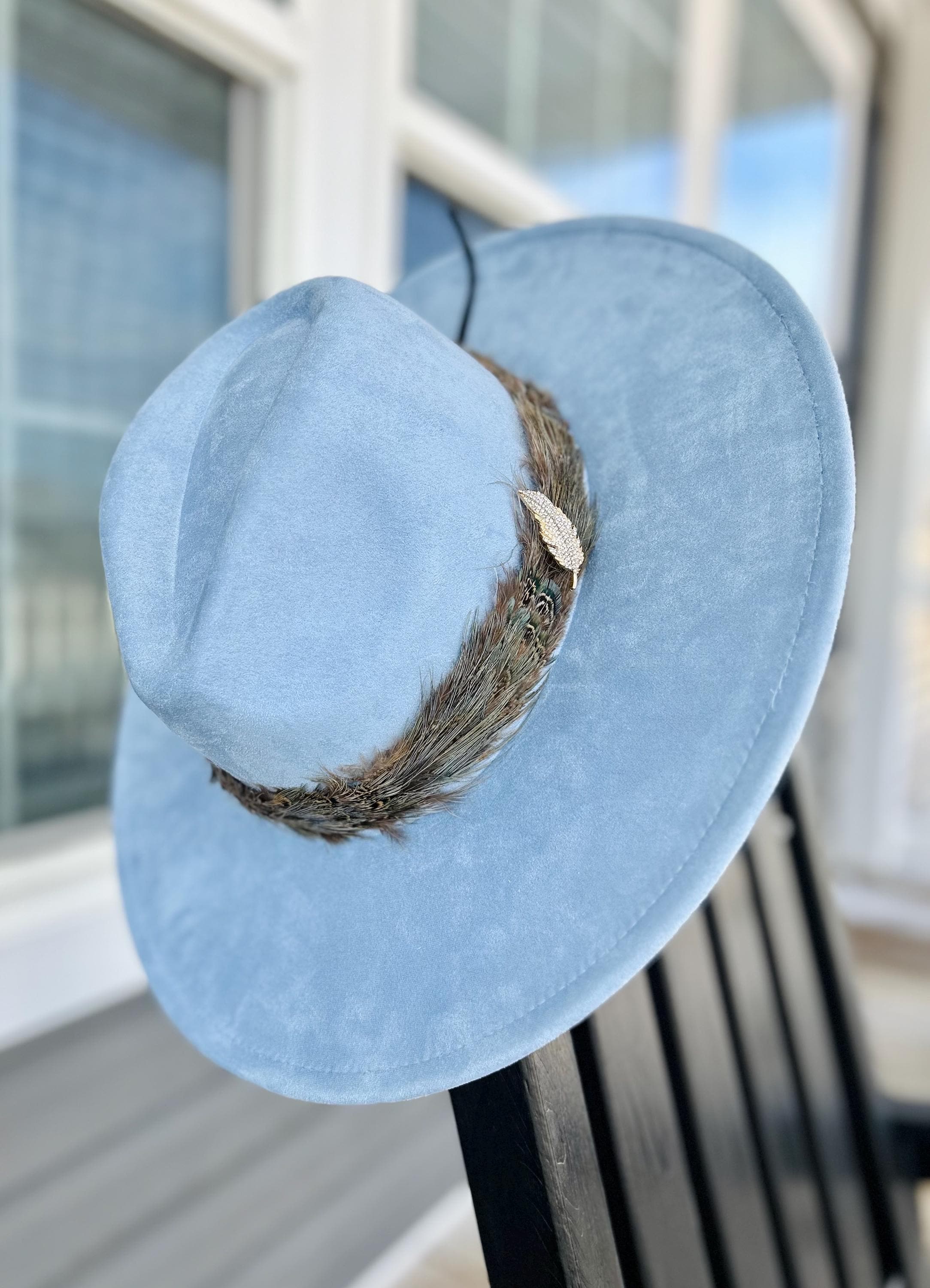 Suede Wide Brim Hat with Blue Feather Accent Walk by Faith - Custom Women main image 4