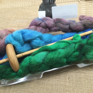 complete drop spindle kit - hand made and stained drop spindle, hand dyed wool roving assortment, art batt