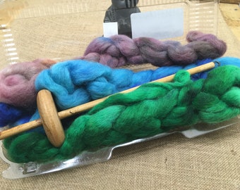 complete drop spindle kit - hand made and stained drop spindle, hand dyed wool roving assortment