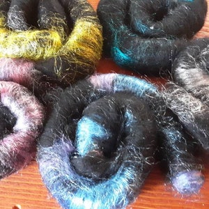 Rolags, spinning fiber, black merino and firestar rolag, shimmery