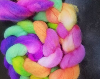 Neon rainbow Hand-dyed falkland wool Roving for spinning or felting, spring color roving,