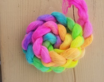 Neon Rainbow hand dyed mohair roving