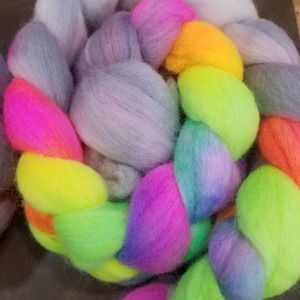 Hand-dyed falkland wool Roving for spinning or felting, neon rainbow in the clouds roving