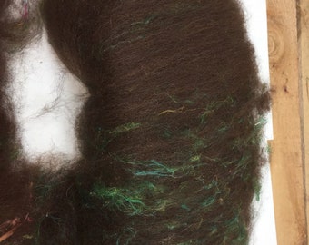 Art batt - chocolate alpaca and green recycled sari silk