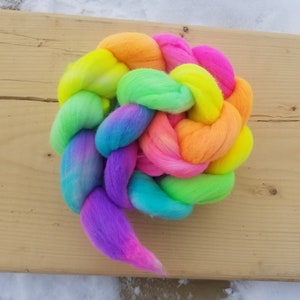 19mic merino roving, hand dyed neon rainbow