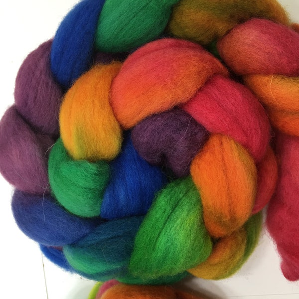 Hand dyed shepherdess blend wool roving for spinning or felting, combed top roving, hand dyed roving, rainbow roving