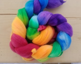 19mic merino roving, hand dyed rainbow
