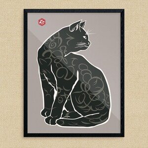 Detailed Cat Wood Cut Style Print