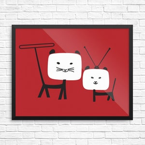 May include: A red background with two black and white cartoon television sets with antennas. The larger television set has a cat face and the smaller television set has a cat face. The larger television set is on a stand with two legs.