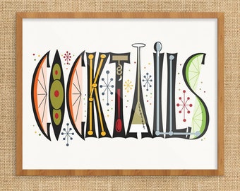 Peut inclure: Une impression encadrée avec le mot "Cocktails" dans une police de caractères stylisée. Les lettres sont composées de différentes formes et motifs, notamment des cercles, des étoiles et des lignes. Le fond est blanc avec une texture subtile.
