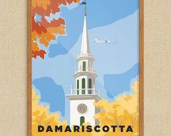 Damariscotta, Maine Church Steeple Autumn Scene Print