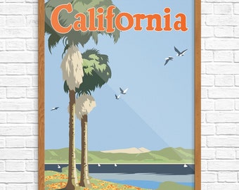 California Palm Tree & Sea Gulls Vintage Travel Print