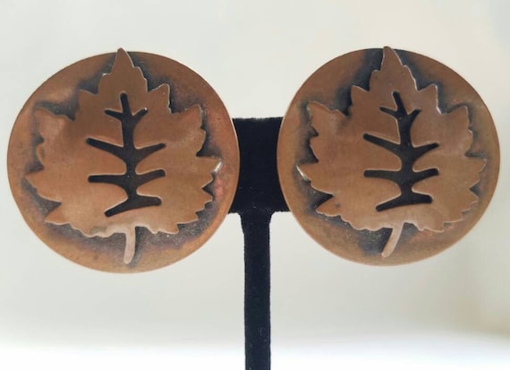 Big Chunky Copper leaf Motif Cilp Earrings