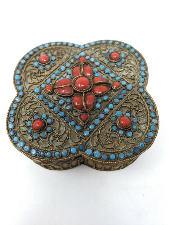 Vintage Nepalese Brass Coral Turquoise Box