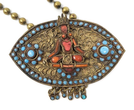 Vintage Nepalese Diety Pendant on Brass Ball Chain - image 2