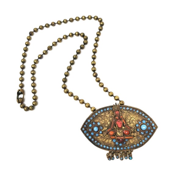 Vintage Nepalese Diety Pendant on Brass Ball Chain - image 5