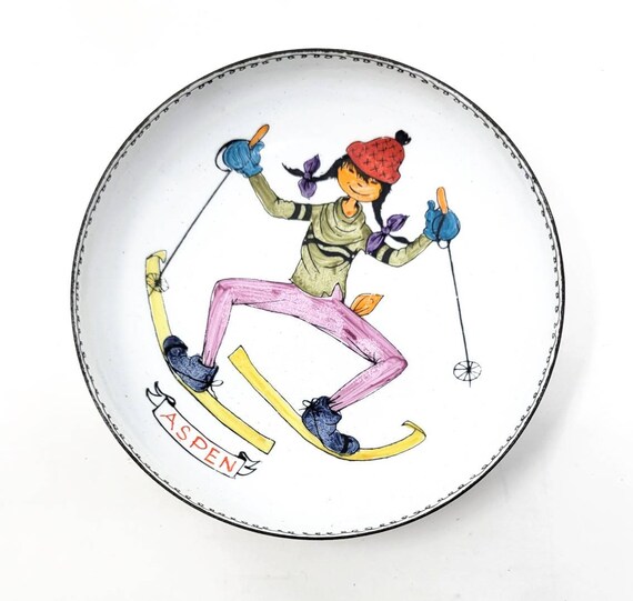 Adorable Vintage Steinbock Aspen Skier Enamel Bowl