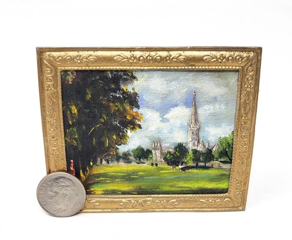 Wonderful Miniature Handpainted copy of John Constable's Salisbury Cathedral from the Meadows