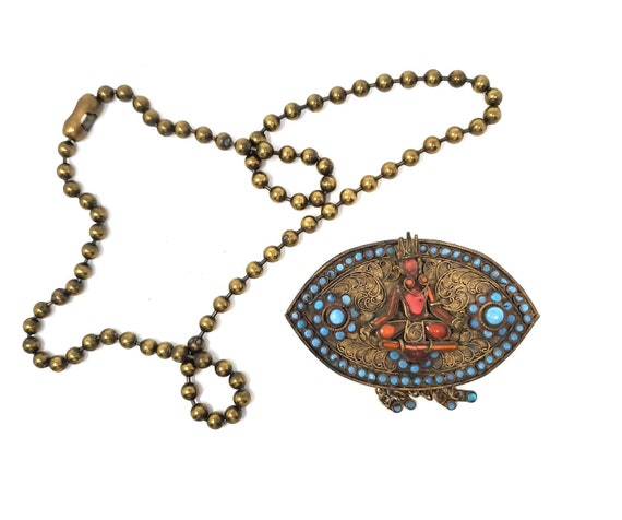 Vintage Nepalese Diety Pendant on Brass Ball Chain - image 3