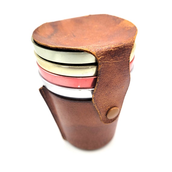 Vintage Aluminum Travel Cups in Leather Sleeve