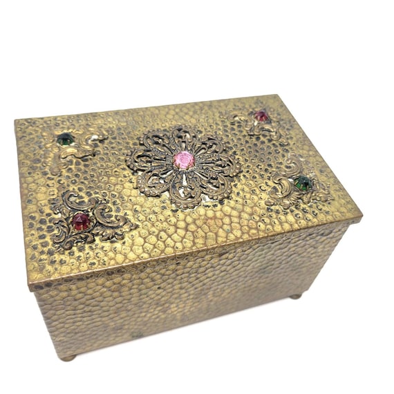 Bejeweled Hammered Brass Vintage Cigarette Box