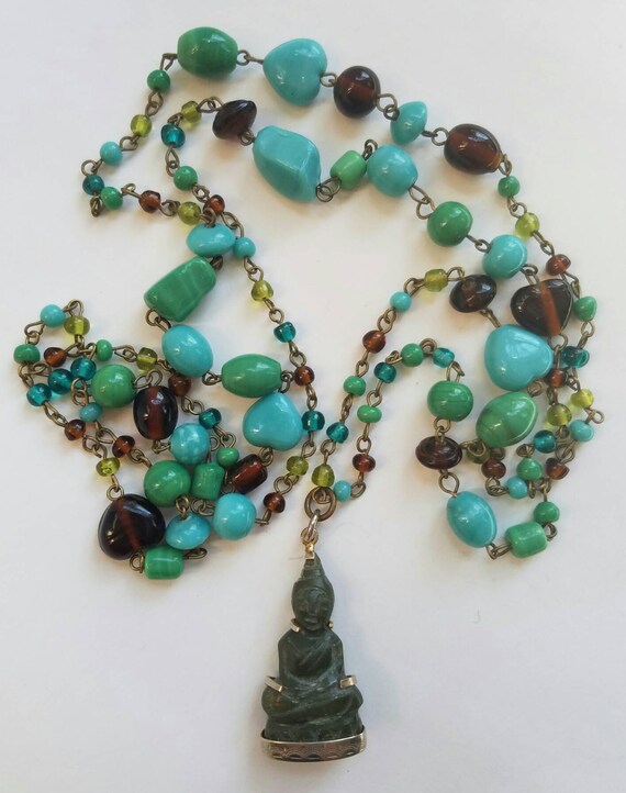 Handmade One of a kind Long Glass Beaded Necklace with Vintage Jade Buddha Charm