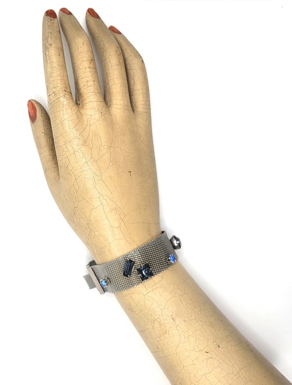 Vintage Silver Toned Mesh Bracelet with Blue Rhinestones