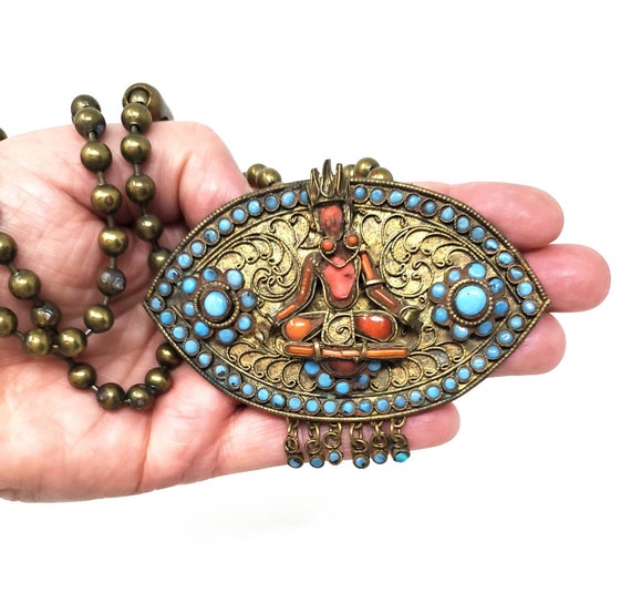 Vintage Nepalese Diety Pendant on Brass Ball Chain - image 1