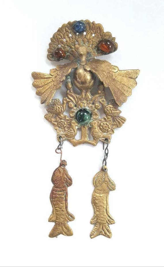 Unusual Vintage Brass Bird and Fish Pendant