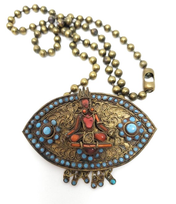 Vintage Nepalese Diety Pendant on Brass Ball Chain - image 9