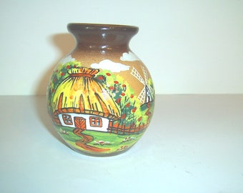ヴィンテージ 1980年 コシフ陶器花瓶 – 手描き花動物装飾 / 黄緑茶