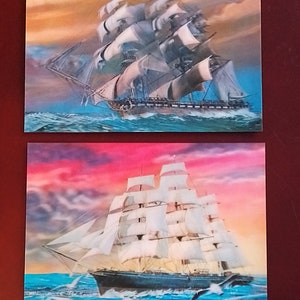 Veleiro. Raro. Cartão holográfico lenticular estéreo 3D (conjunto de 2 peças). Japão. Comprado no final dos anos 70