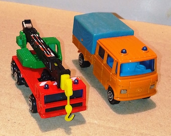 MAJORETTE #233 MERSEDES Trax Publics and #228 SAVIEM Grue. Car. model. Vintage. France. Collectible model. Mini car. Rare car. (set 2 pcs.)