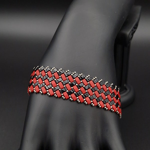 Bracelet tissé en perles Miyuki half tila rouge et noir