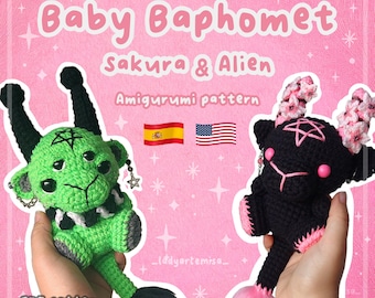 編みぐるみパターン、ベビーバフォメットエイリアンとサクラバージョン、かわいい悪魔の編みぐるみ | スペイン語と英語の説明 (デジタルパターン、PDF)。