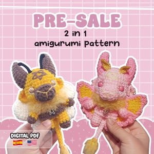 Puede incluir: Un fondo rosa con el texto "PRE-SALE" y "2 en 1 patrón amigurumi". La imagen presenta dos figuras amigurumi de ganchillo: una abeja amarilla y marrón y una polilla rosa. La abeja tiene alas blancas y la polilla tiene alas amarillas. También están las palabras "DIGITAL PDF".
