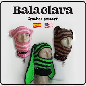 May include: Three crochet balaclava patterns with different ear designs. The balaclavas are pink and white striped, brown and white striped, and green and black striped. The text "Balaclava Crochet pattern" is at the top of the image.