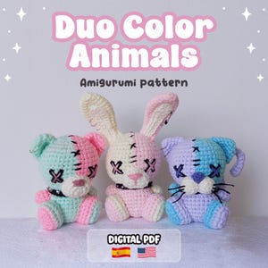 AMIGURUMI PATTERN, 3in1 Duo Color Animals, Bear Cat Bunny crochet pattern | Spanish & English Instructions (Digital pattern, PDF).
