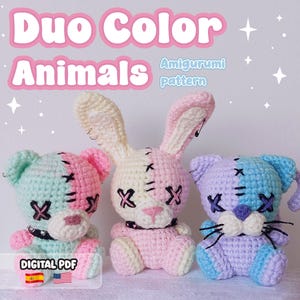 AMIGURUMI PATTERN, 3in1 Duo Color Animals, Bear Cat Bunny crochet pattern | Spanish & English Instructions (Digital pattern, PDF).